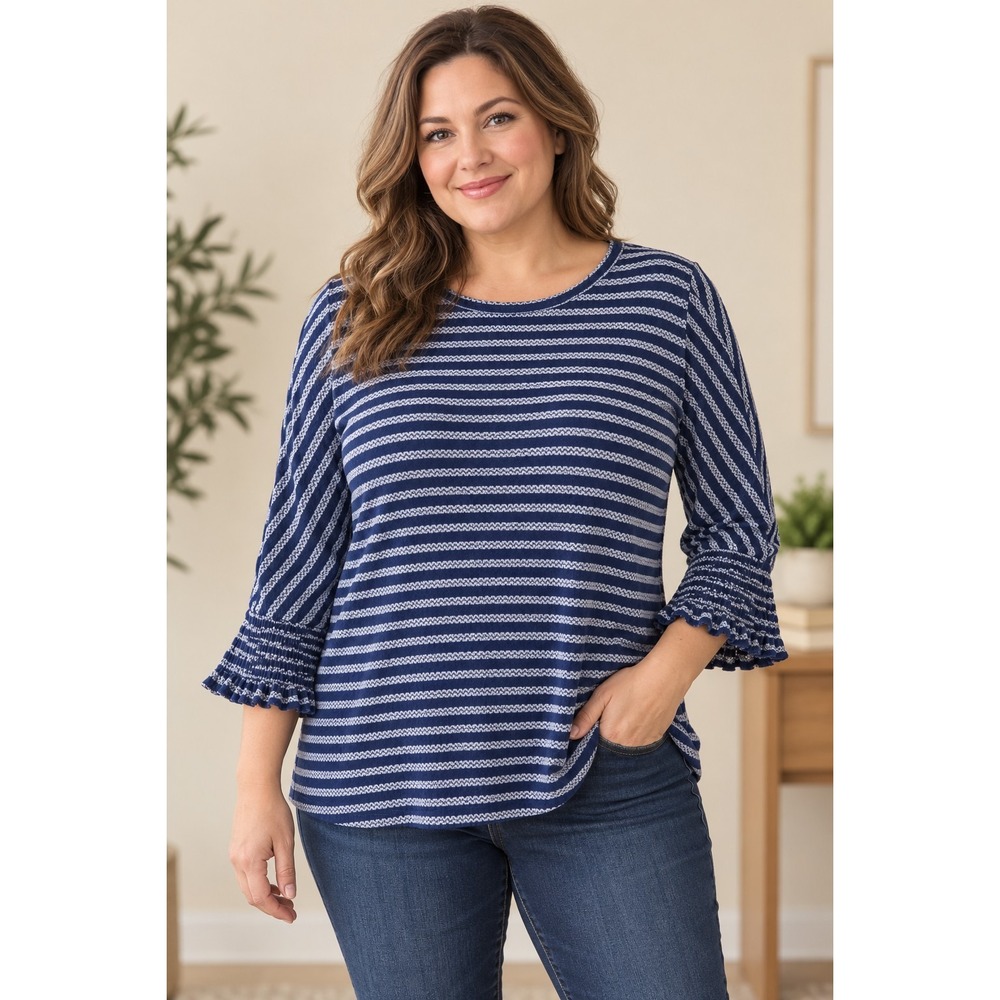 Fred David Women's XL Navy White Striped Knit Top Bell Sleeve Smocked Cuff